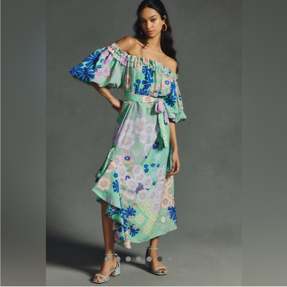 Oopscool NEW Anthropologie Floral Off-Shoulder Dress in Green and Blue size XS - Picture 11 of 11